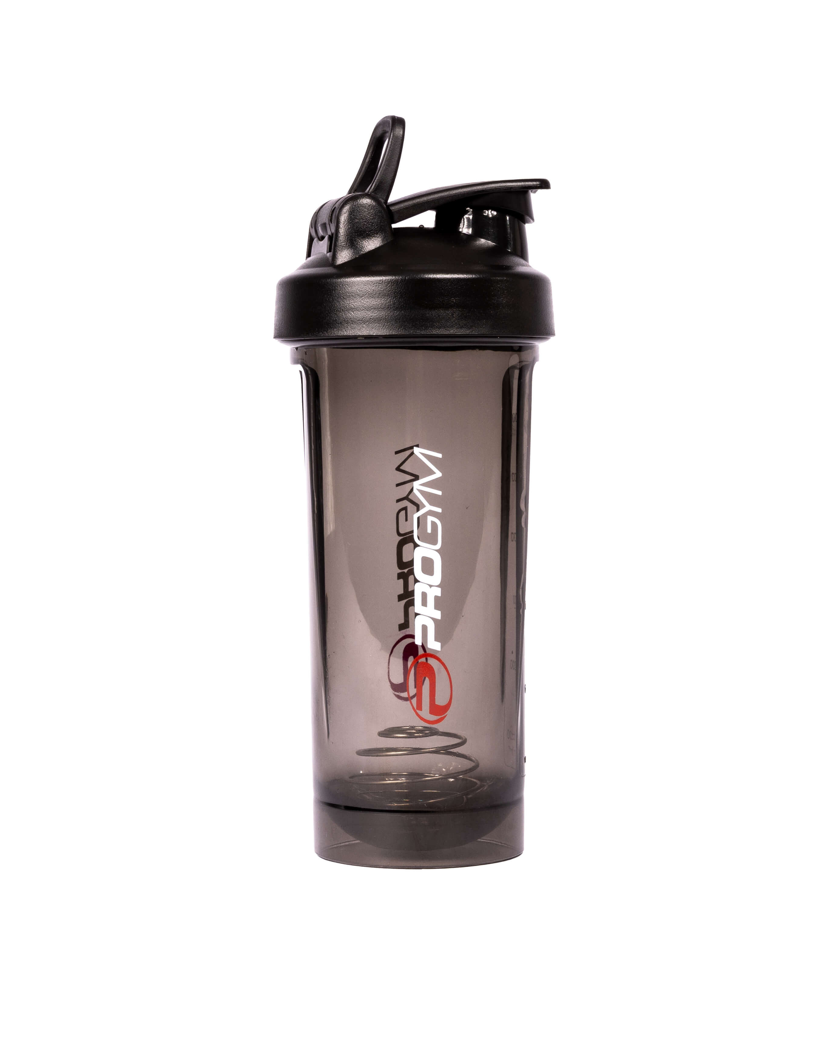 Shaker ProGym noir avec couvercle fermé et bille mélangeuse à l’intérieur