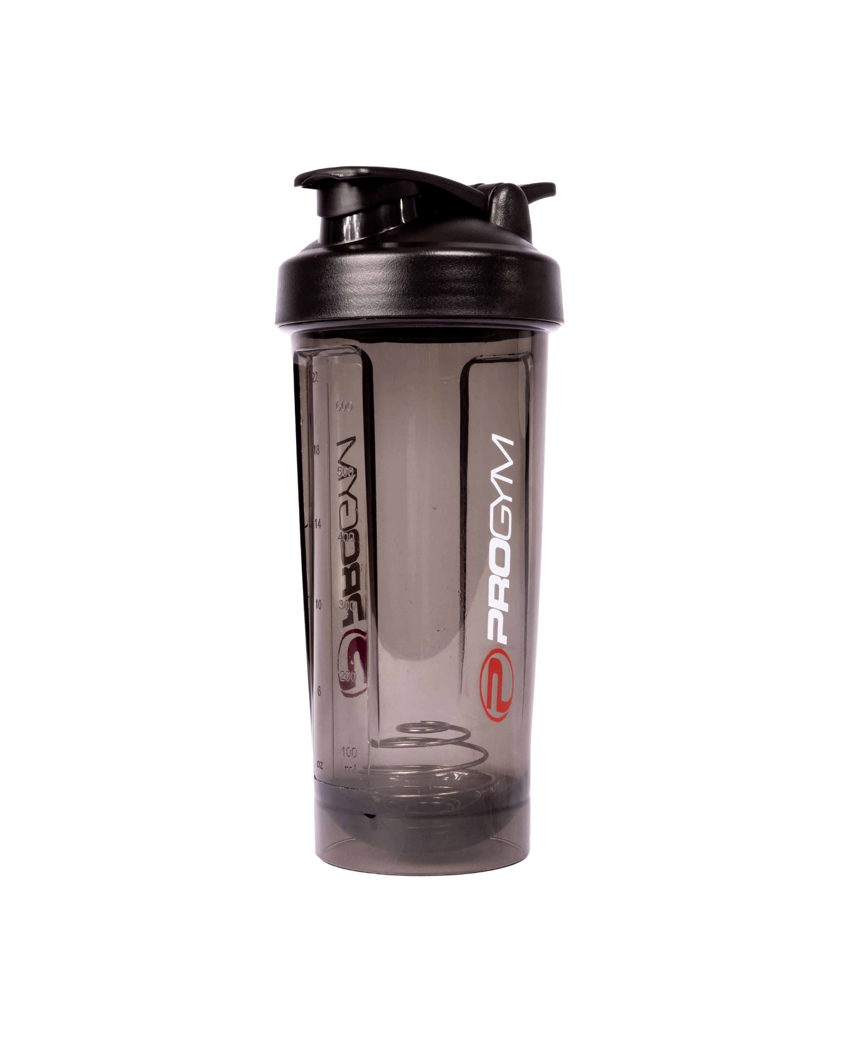 Shaker ProGym noir avec couvercle, vu de face, contenant la bille mélangeuse en acier inoxydable