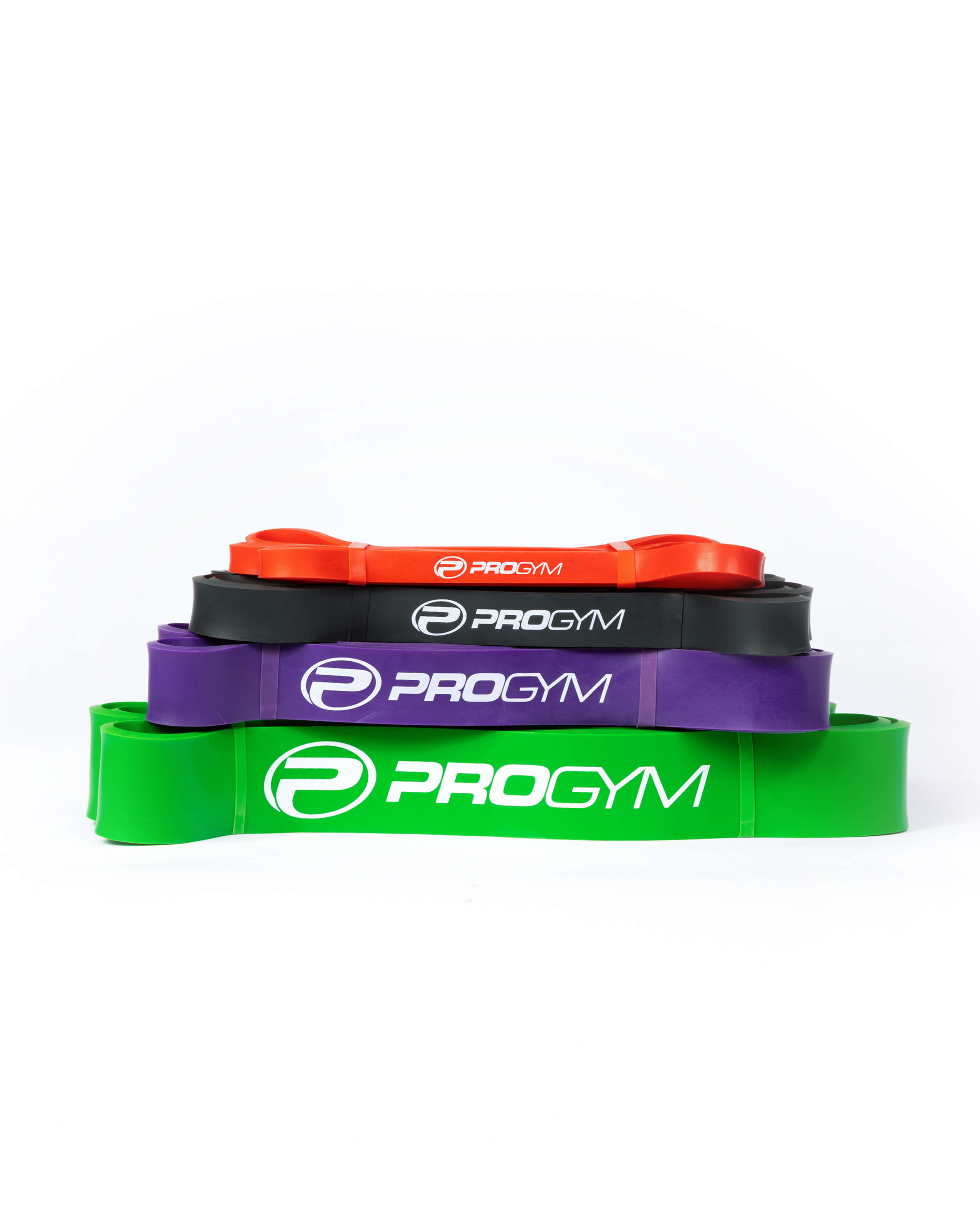 Ensemble de quatre bandes de résistance ProGym empilées, de couleurs rouge, noire, mauve et verte, chacune portant le logo et le nom « PROGYM » en blanc.