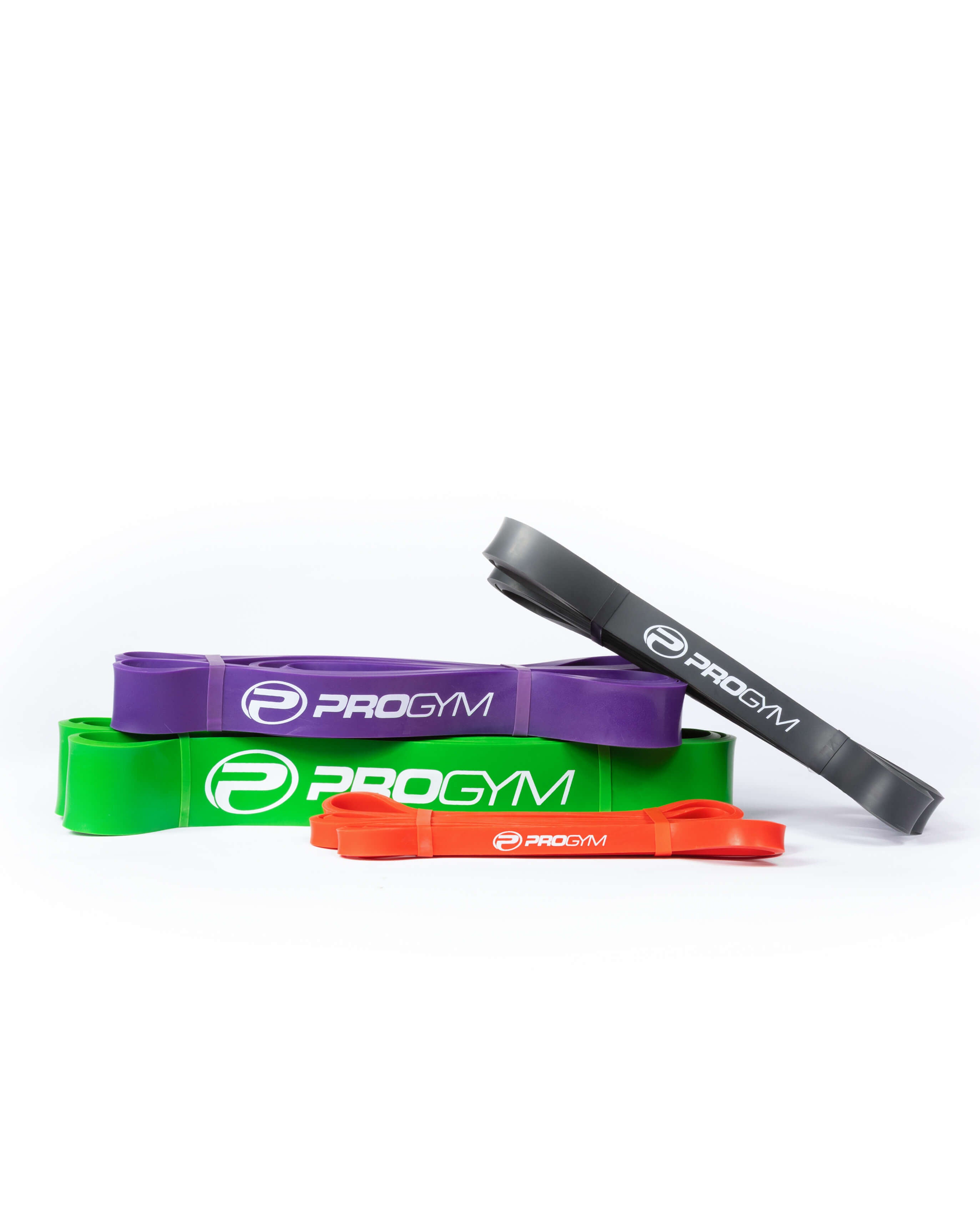 Ensemble de quatre bandes de résistance ProGym empilées, de couleurs rouge, noire, mauve et verte, chacune portant le logo et le nom « PROGYM » en blanc.