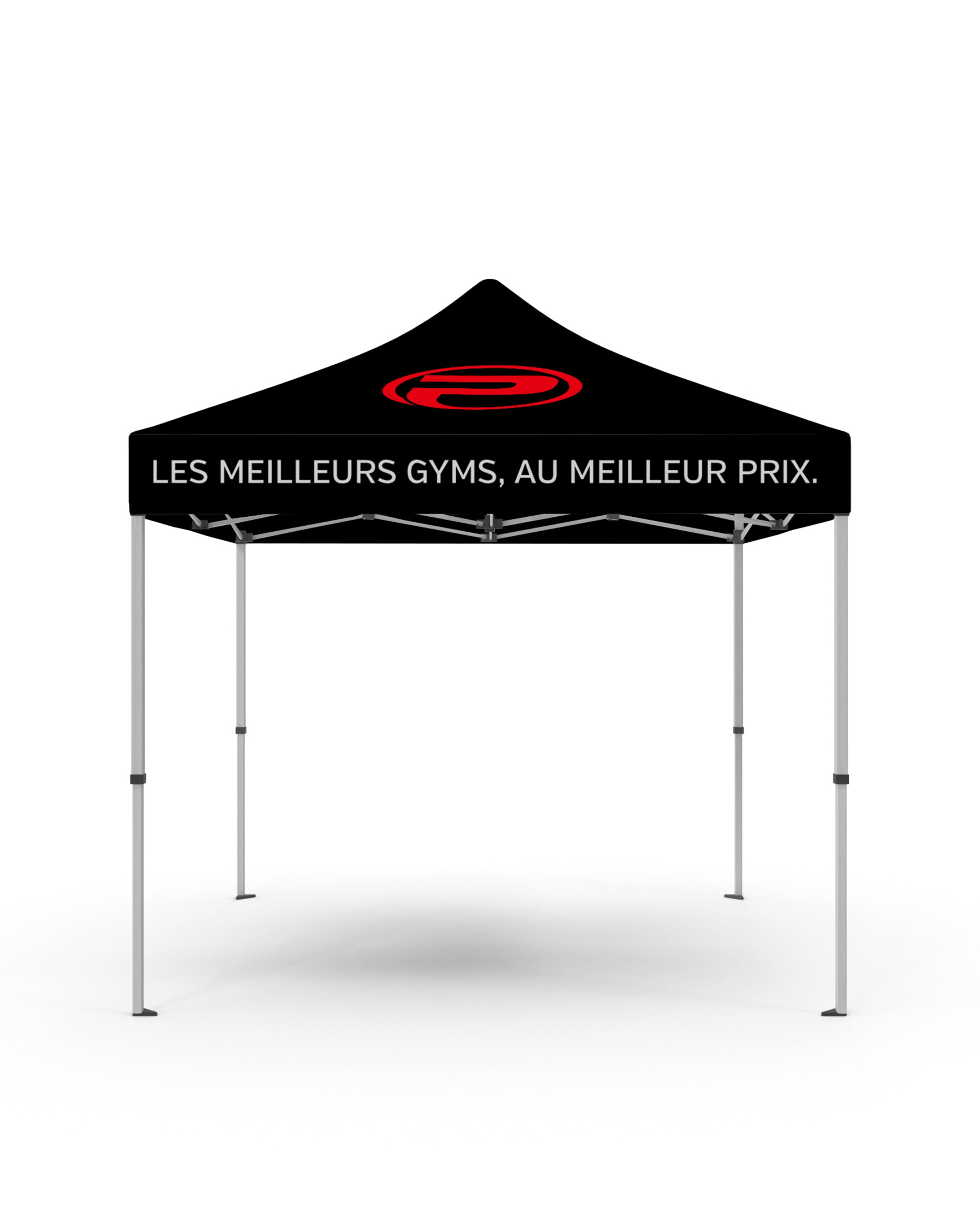 Tente promotionnelle noire ProGym avec logo rouge sur le dessus et slogan « Les meilleurs gyms, au meilleur prix. » en blanc sur la bordure frontale.