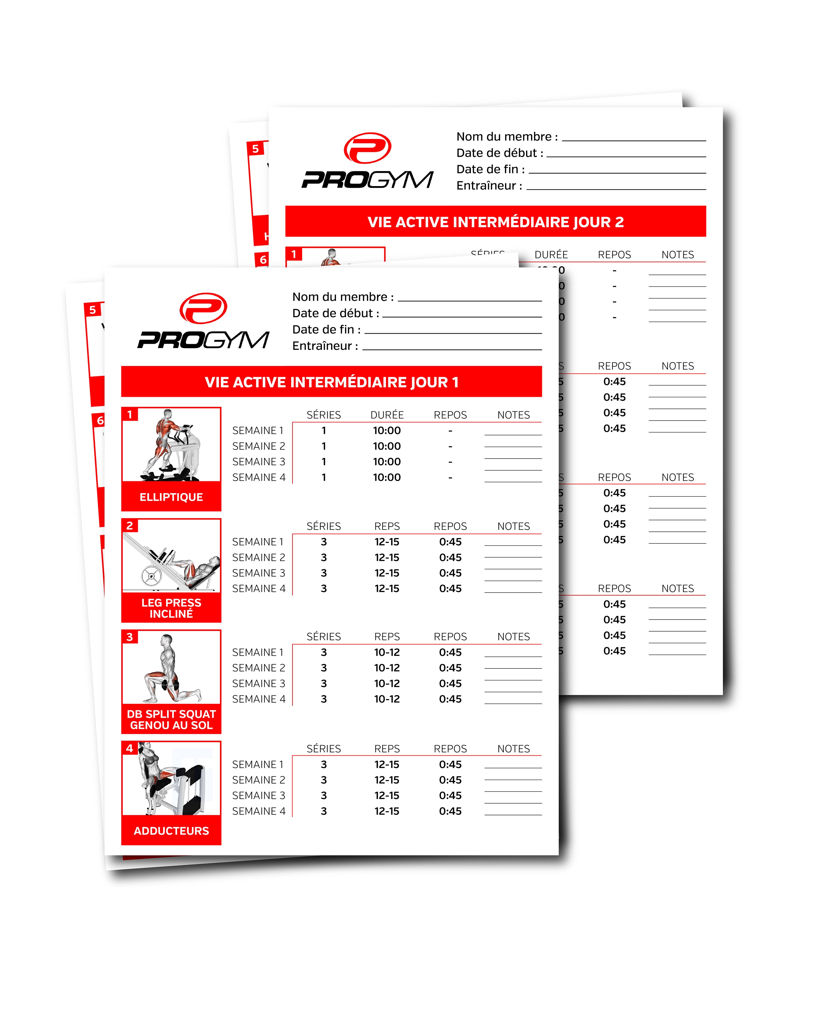 Feuilles de programme d’entraînement « Vie active intermédiaire » du ProGym, présentant des exercices détaillés avec séries, répétitions, temps de repos et espace pour les notes.