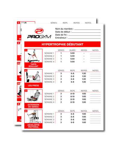 Feuille d’entraînement ProGym « Hypertrophie Débutant » avec logo rouge en haut, informations sur le membre, et exercices illustrés (tapis roulant, leg press, extension de genou, développé pectoral) détaillant séries, répétitions/durée, temps de repos et espace pour notes.