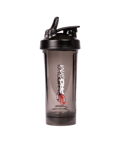 Shaker ProGym noir avec couvercle fermé et bille mélangeuse à l’intérieur