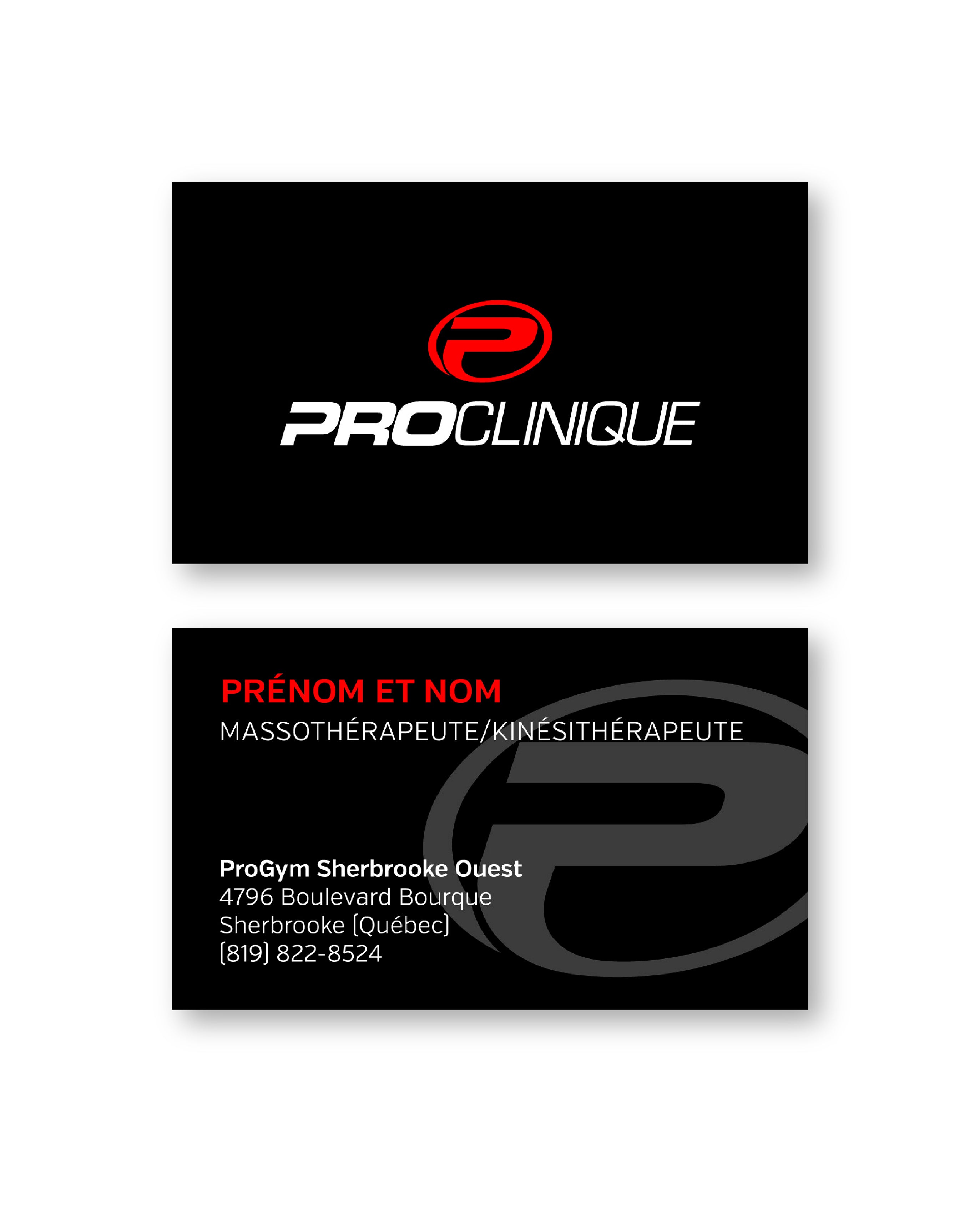 Carte professionnelle ProClinique avec logo rouge et blanc sur fond noir. Au verso, espace pour le prénom et nom du massothérapeute ou kinésithérapeute, mention ProGym Sherbrooke Ouest, adresse complète et numéro de téléphone.