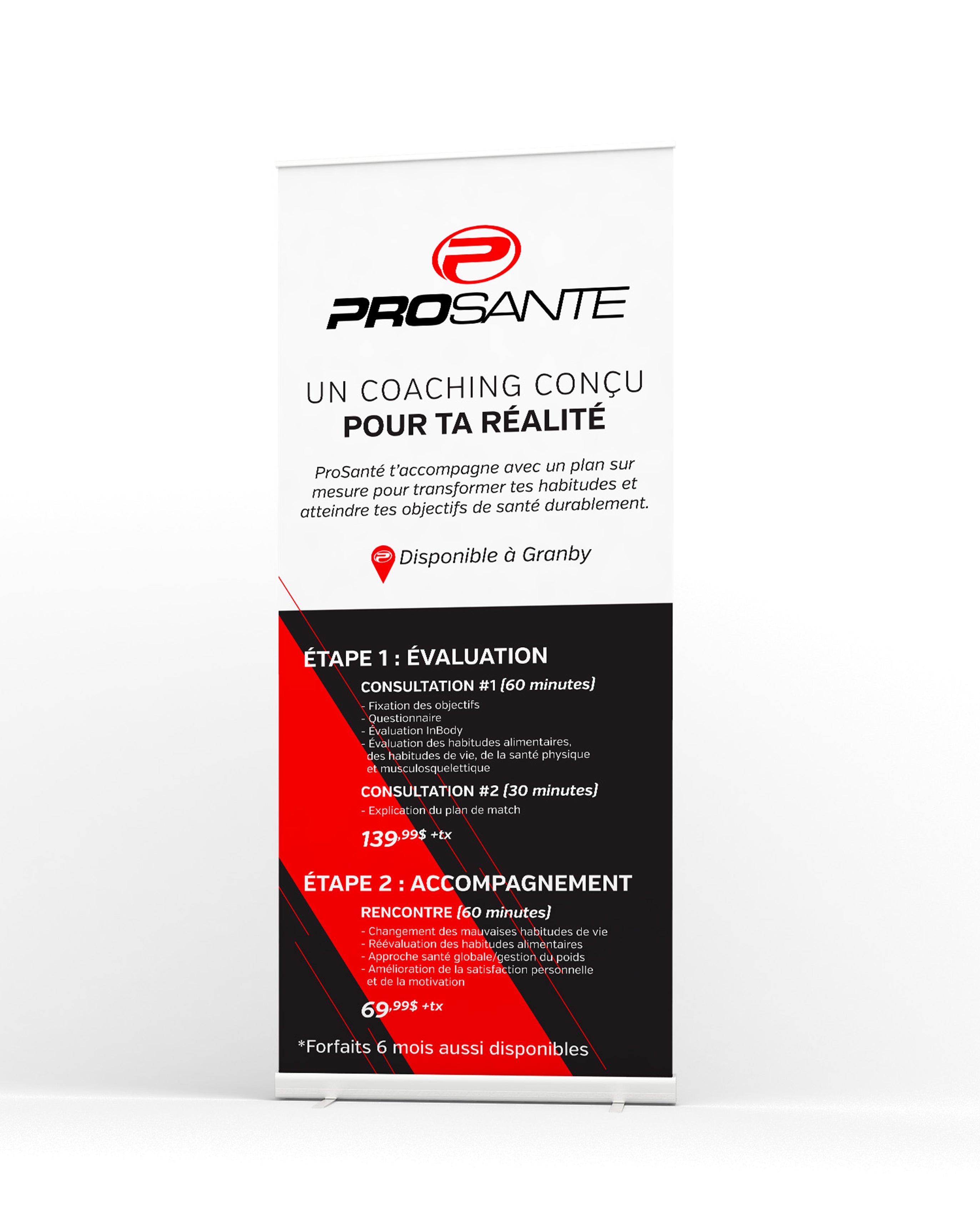 Bannière « ProSanté » présentant un service de coaching personnalisé en deux étapes (évaluation et accompagnement) pour améliorer les habitudes de vie, avec tarifs et disponibilité à Granby.