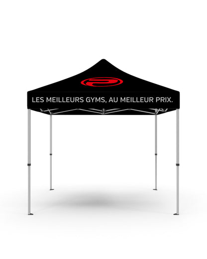 Tente promotionnelle noire ProGym avec logo rouge sur le dessus et slogan « Les meilleurs gyms, au meilleur prix. » en blanc sur la bordure frontale.