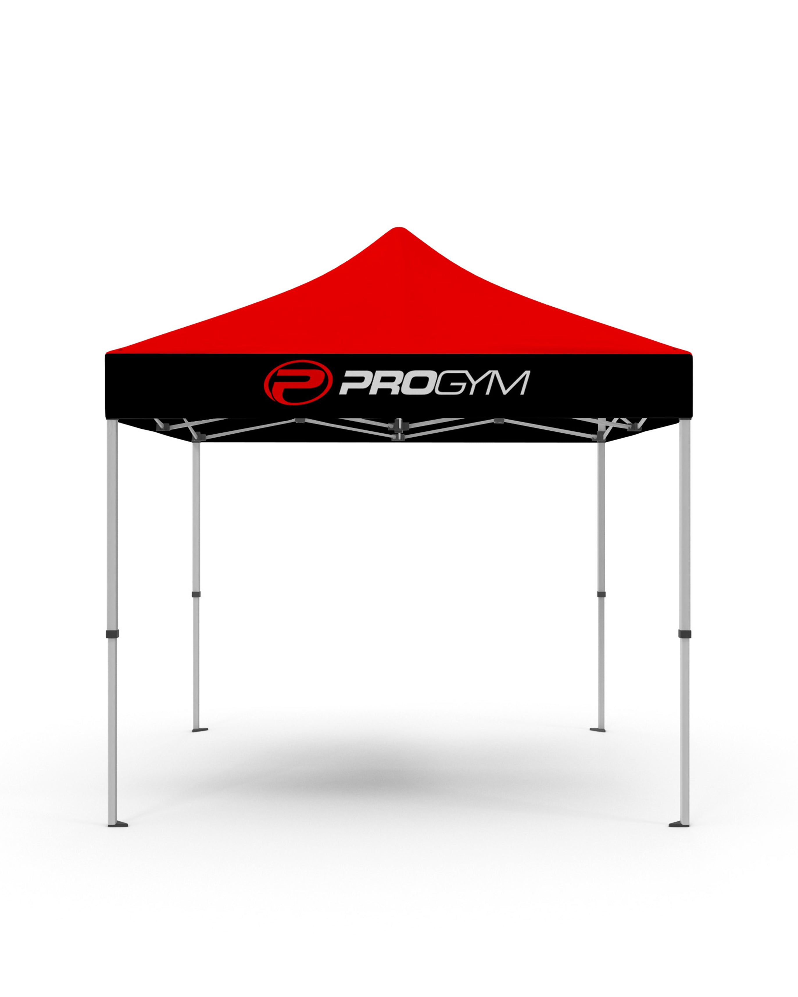 Tente promotionnelle ProGym rouge et noire avec logo blanc et rouge, utilisée pour événements extérieurs.